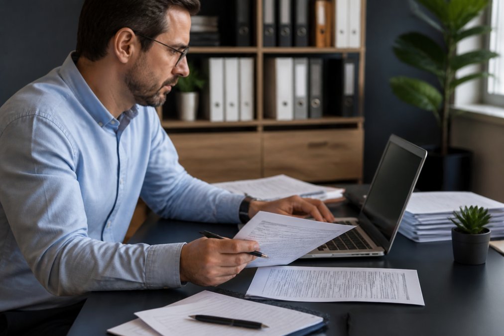 Ein Buchhalter am Schreibtisch, der am Laptop eine Auslandsüberweisung in der Online-Banking-Maske prüft, daneben liegen Ausdrucke mit Bankdokumenten und ein Notizblock