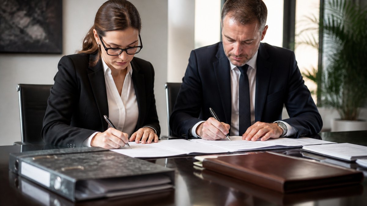 Zwei Personen in einem professionellen Büro unterzeichnen einen Vertrag an einem Konzerntisch, daneben liegen Dokumente und ein Notarordner