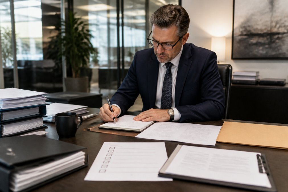 Ein Geschäftsführer arbeitet konzentriert am Laptop mit Notizen, Checklisten und Compliance-Dokumenten, die auf dem Schreibtisch verteilt sind, professionelle Beleuchtung