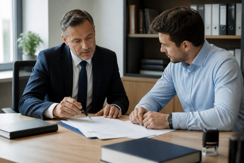 Geschäftsführer und Anwalt besprechen diskret GmbH-Dokumente und Vollmachten an einem modernen Schreibtisch mit Laptop.