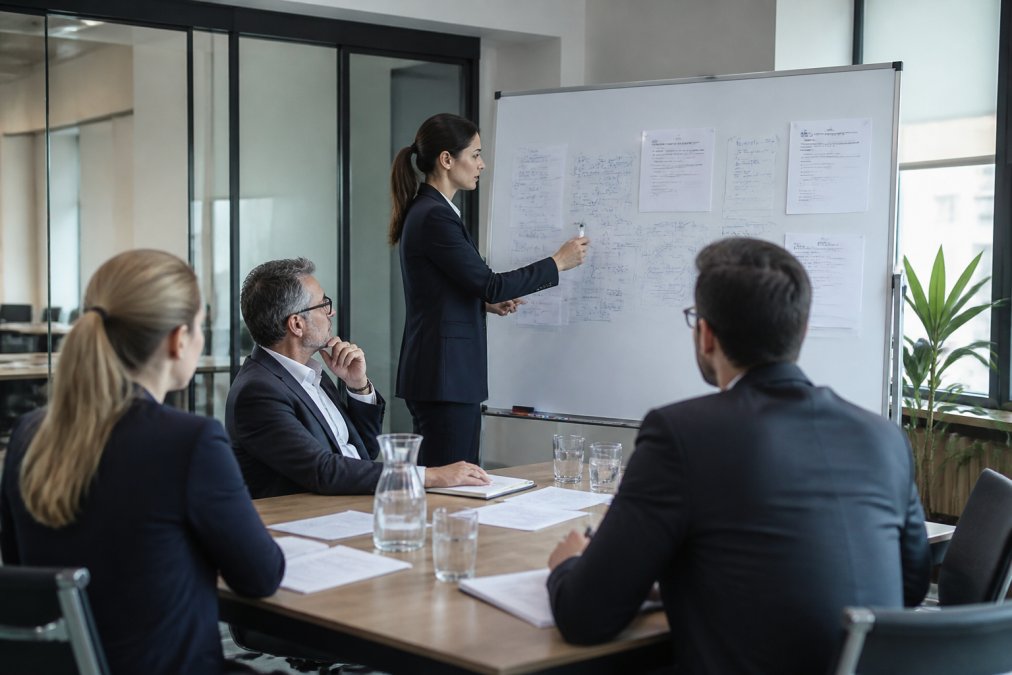 Ein professionelles Team in einem modernen Konferenzraum bespricht Compliance-Maßnahmen an einem Whiteboard mit Notizen zu Risikominimierung und Dokumentation