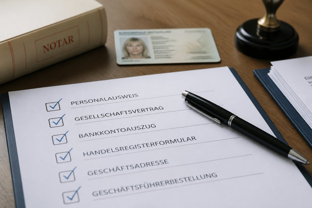 Detaillierte Nahaufnahme einer Checkliste mit Häkchen neben verschiedenen Dokumenten wie Personalausweis, Gesellschaftsvertrag, Bankkontoauszug und Handelsregisterformular, ordentlich auf einem Schreibtisch arrangiert