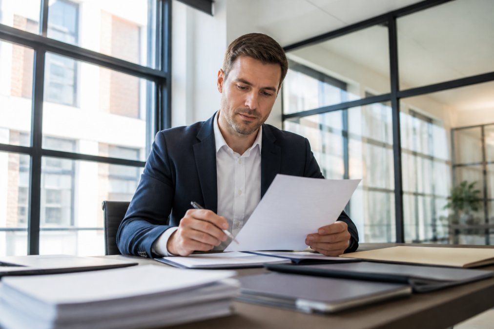 Geschäftsperson in modernem Büro beim Durchsehen von Dokumenten und Verträgen an einem Schreibtisch mit Laptop, natürliches Licht durch große Fenster