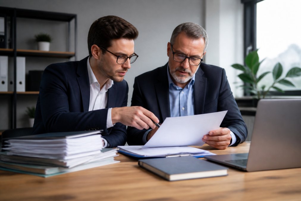 Geschäftsführer und Steuerberater in modernem Büro, die gemeinsam Compliance-Dokumente und Verträge durchgehen, mit Laptop und Unternehmensunterlagen auf dem Schreibtisch