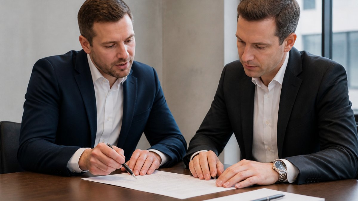Zwei Personen in Businesskleidung prüfen gemeinsam einen Vertragsentwurf am Konferenztisch, daneben liegen ein Notizblock und ein Stift