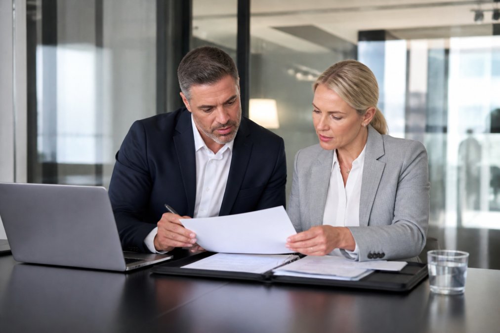 Zwei Personen in professioneller Kleidung prüfen gemeinsam Vertragsdokumente an einem Konferenztisch, daneben ein Laptop und eine Aktenmappe mit Unterlagen