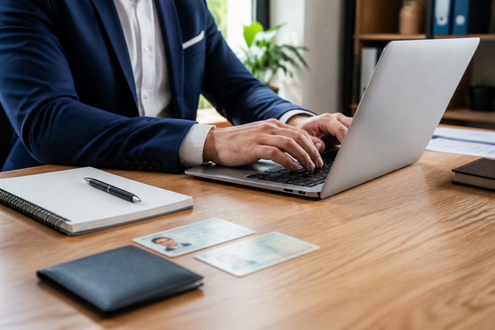 Eine Person in professioneller Kleidung sitzt an einem aufgeräumten Schreibtisch und gibt Daten in ein Online-Formular auf einem Laptop ein, daneben liegen Ausweisdokumente und ein Notizblock