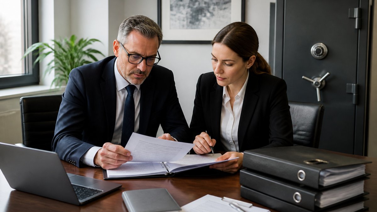 Zwei Fachleute in Businesskleidung prüfen gemeinsam vertrauliche Dokumente an einem Konferenztisch, im Hintergrund ein verschlossener Aktenschrank und ein Laptop mit sichtbarer Datenschutz-Oberfläche