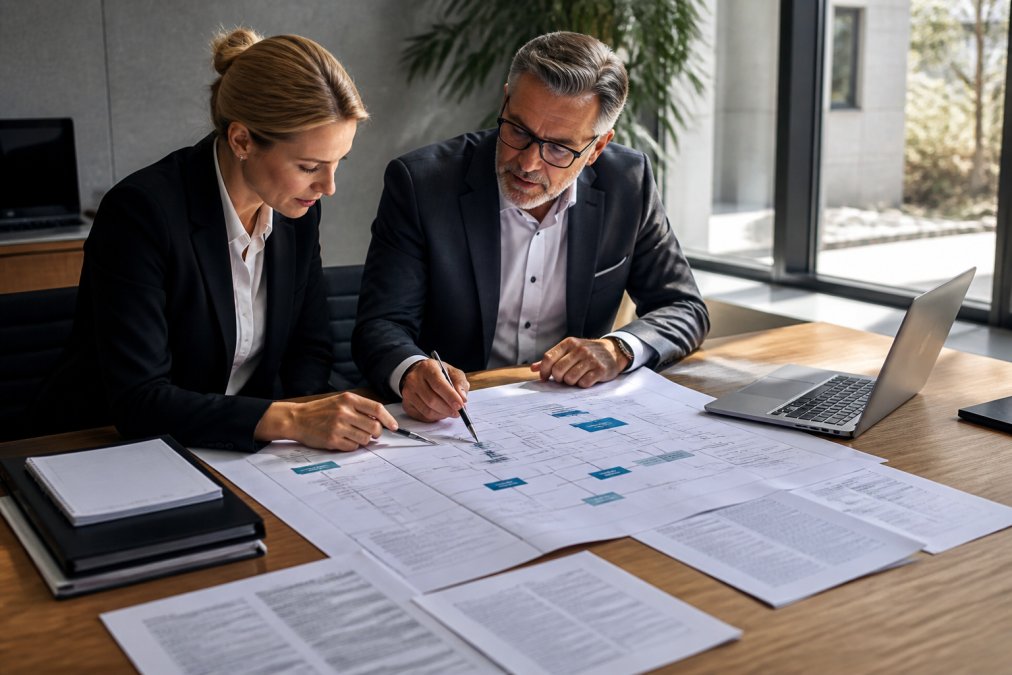 Ein Compliance-Beauftragter und ein Treuhänder prüfen gemeinsam ein aufgefaltetes Organigramm und mehrere Registerauszüge auf einem Konferenztisch, daneben ein geöffneter Laptop mit strukturierten Tabellen und ein Notizblock, warmes Tageslicht durch ein Fenster