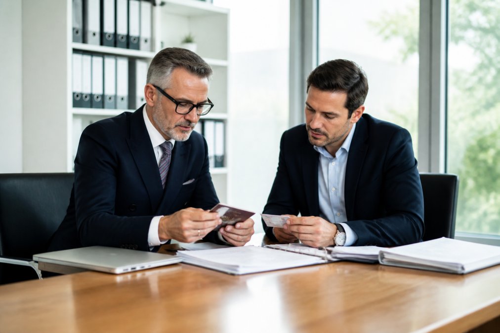 Ein Notar und ein Unternehmensberater prüfen gemeinsam Ausweisdokumente und Vertragsunterlagen an einem Konferenztisch in einem hellen Büro mit Aktenordnern und Laptop