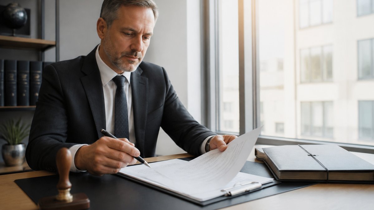 A business professional in a discreet office reviewing a contract document with a notary stamp and folder on the desk, natural daylight from a window