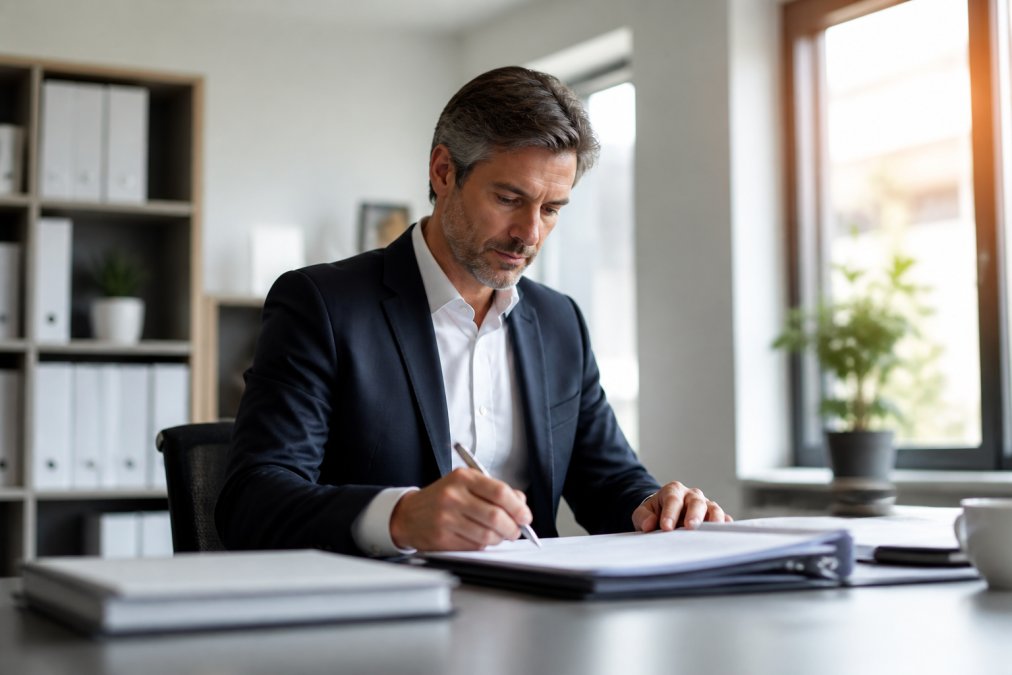 Geschäftsführer arbeitet konzentriert am modernen Schreibtisch mit Laptop und Dokumenten, wirkt entlastet und fokussiert auf strategische Aufgaben während Sonnenlicht durch große Fenster fällt