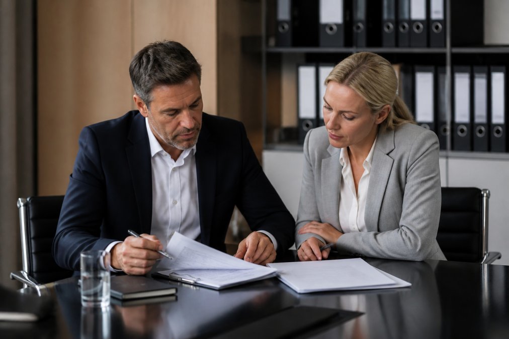 Ein Geschäftsführer und eine Beraterin prüfen gemeinsam Vertragsunterlagen und einen Laptop mit Compliance-Checkliste an einem Konferenztisch, im Hintergrund ein Aktenschrank mit Ordnern