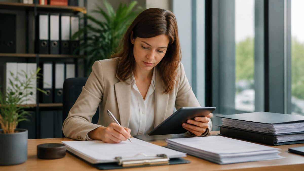 Geschäftsperson mit Tablet und Dokumenten am Schreibtisch, arbeitet konzentriert an einer Kontoeröffnungs-Checkliste, modernes Büro mit Tageslicht