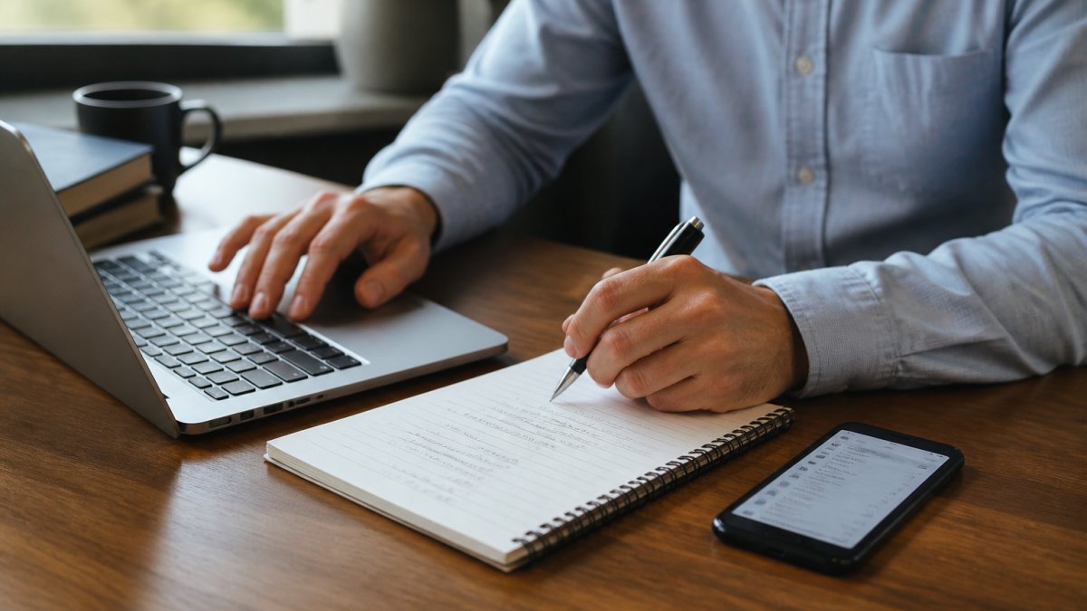 Eine Person sitzt an einem aufgeräumten Schreibtisch und prüft am Laptop das Impressum einer Anbieter-Website, daneben liegen ein Notizblock mit Handnotizen und ein Smartphone mit geöffneter Kontaktseite