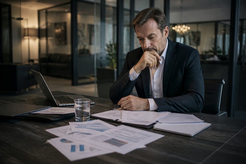 Nachdenklicher Geschäftsführer prüft Finanzberichte bei drohender Insolvenz und persönlicher Haftung.